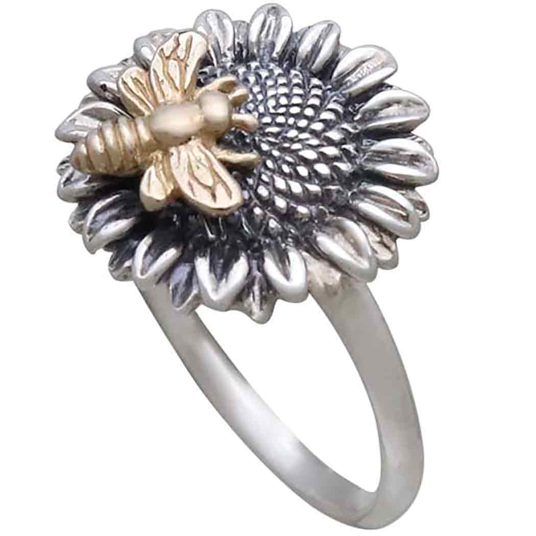 Sterling Silver Sunflower Ring with Bronze Bee - Poppies Beads n' More