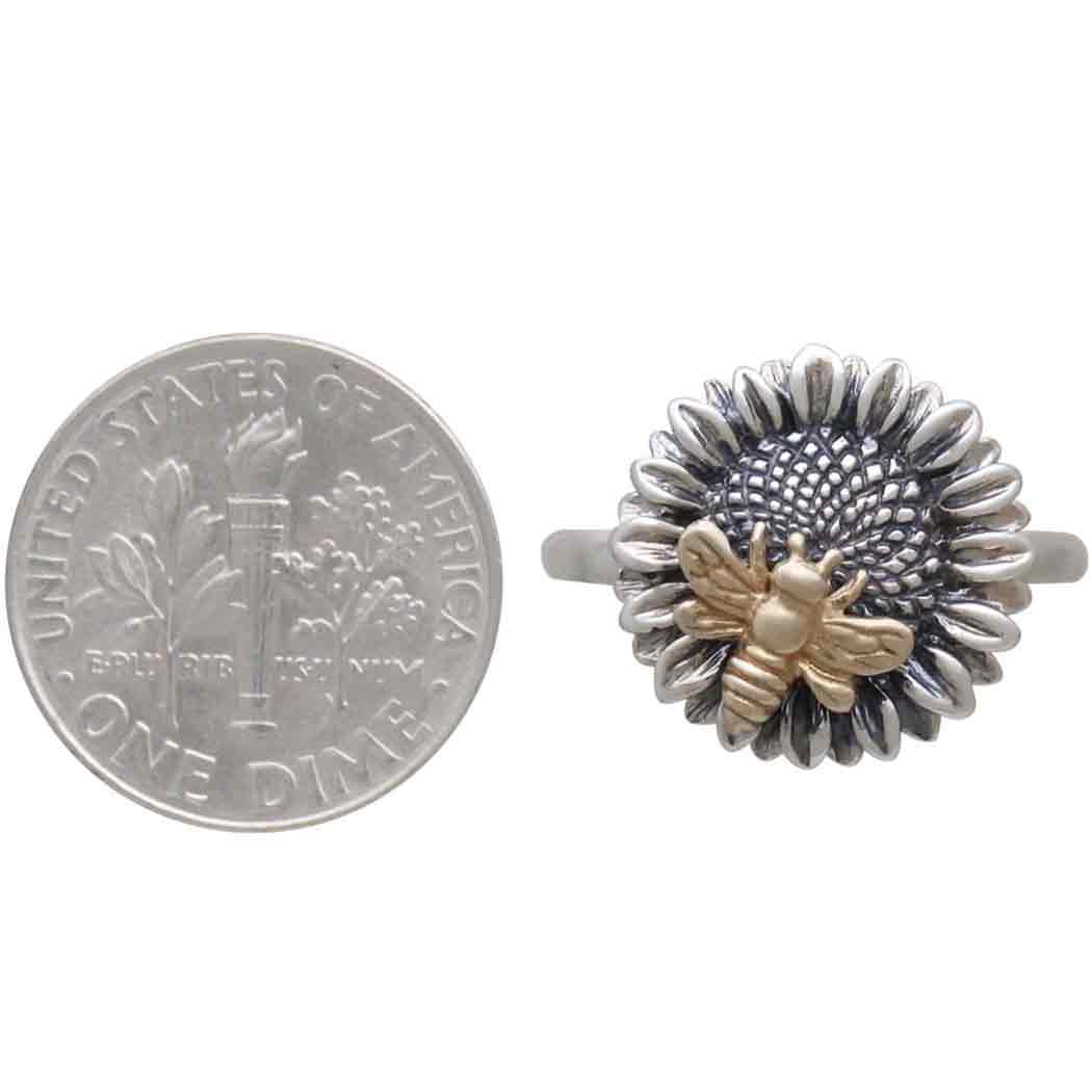 Sterling Silver Sunflower Ring with Bronze Bee - Poppies Beads n' More