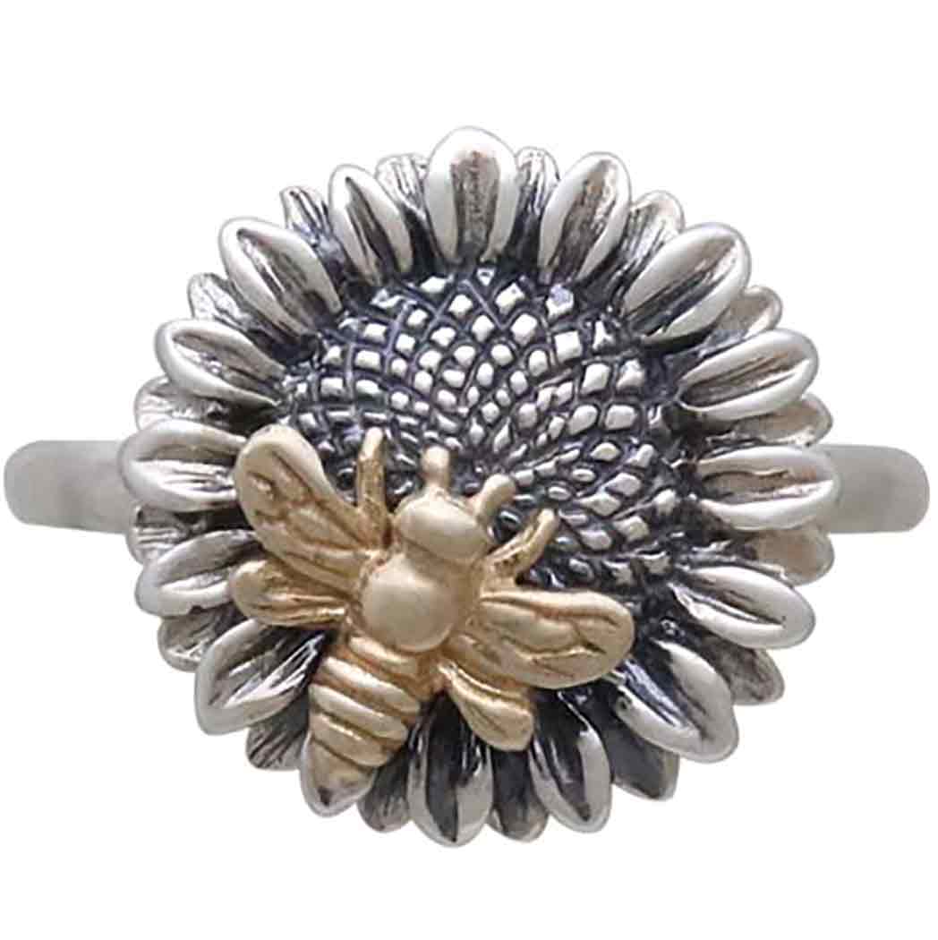 Sterling Silver Sunflower Ring with Bronze Bee - Poppies Beads n' More