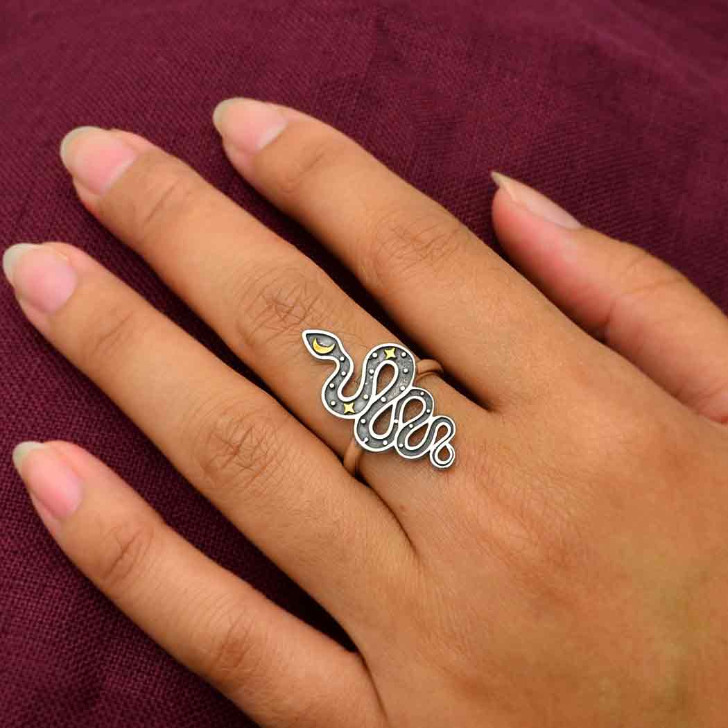 Sterling Silver Snake Ring with Bronze Star and Moon - Poppies Beads n' More