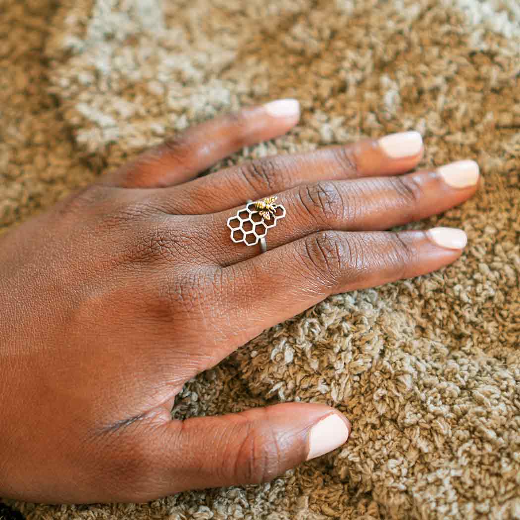 Silver Honeycomb Ring with Small Bronze Bee - Poppies Beads n' More