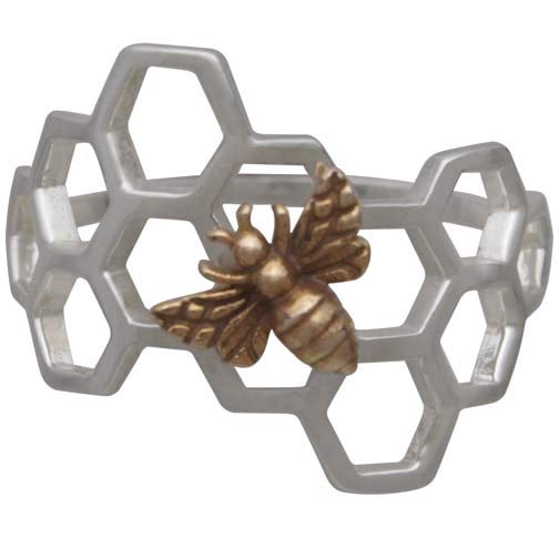 Sterling Silver Honeycomb Ring with Bronze Bee - Poppies Beads n' More