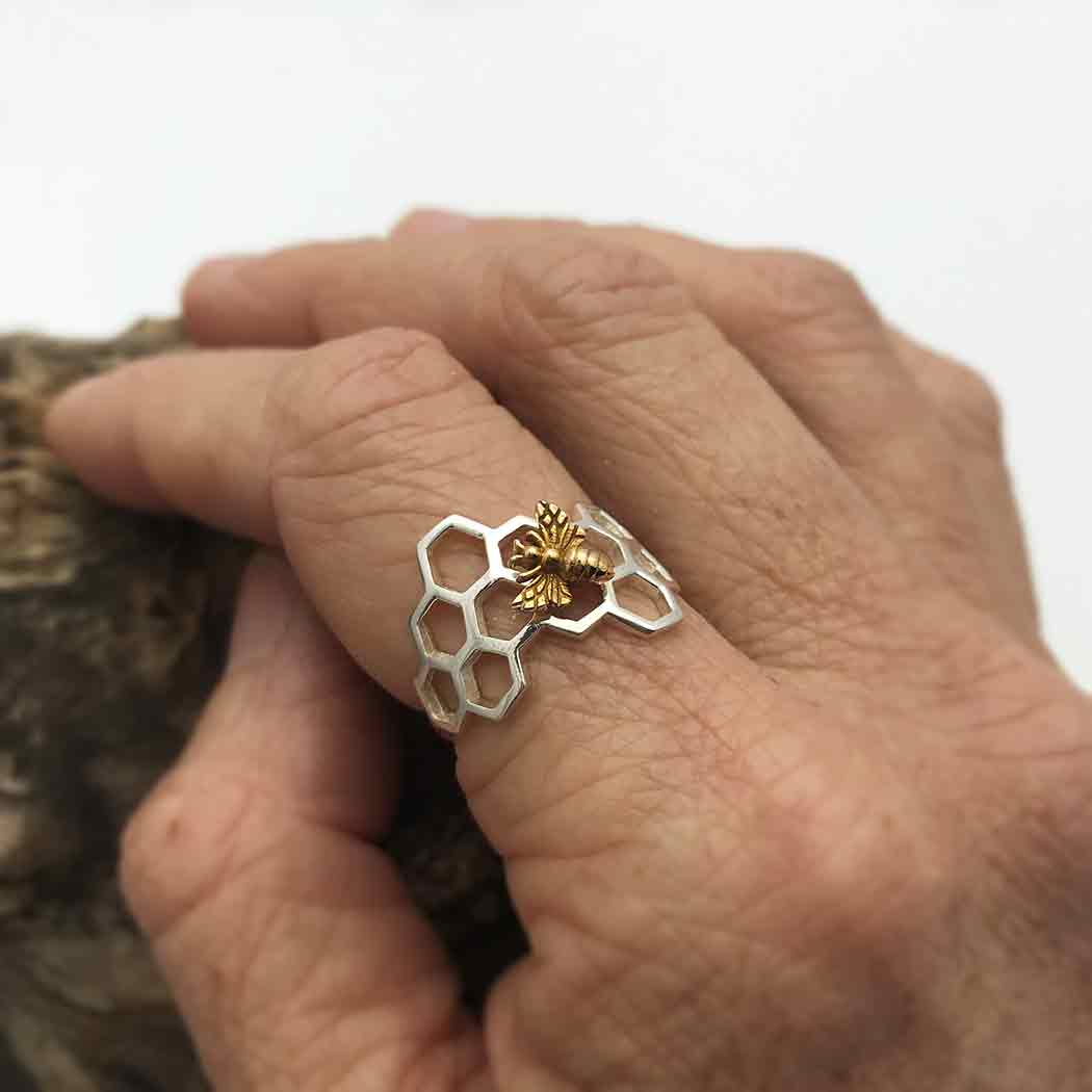 Sterling Silver Honeycomb Ring with Bronze Bee - Poppies Beads n' More