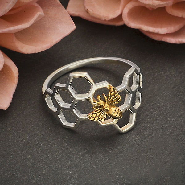 Sterling Silver Honeycomb Ring with Bronze Bee - Poppies Beads n' More