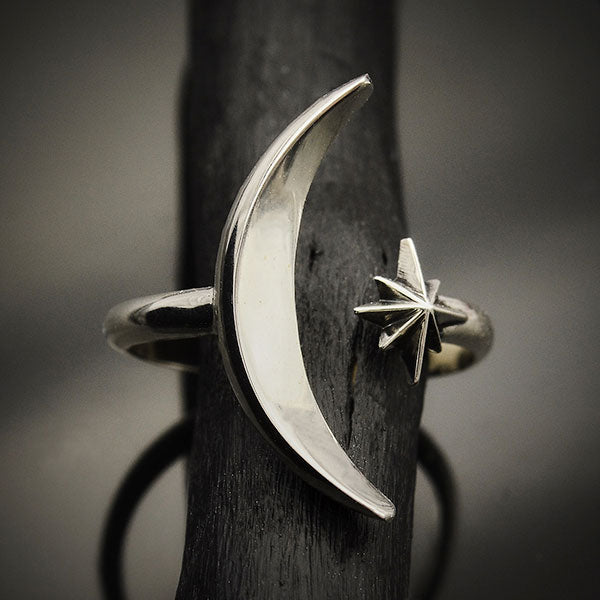 Sterling Silver Adjustable Moon and Star Ring - Poppies Beads n' More