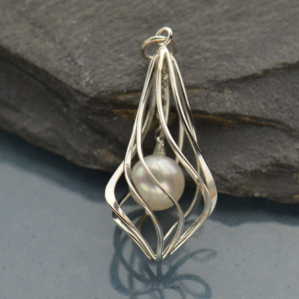 Sterling Silver Twisted Teardrop Cage with Pearl - Poppies Beads n' More