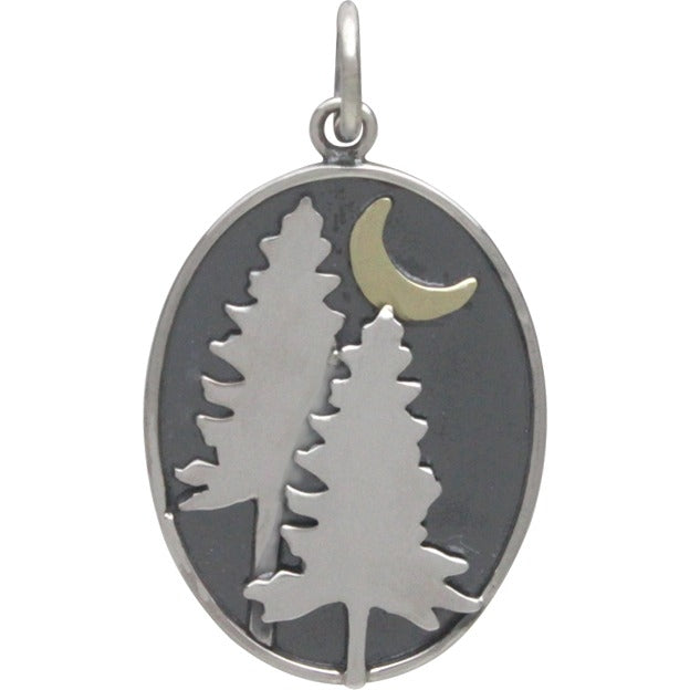 Sterling Silver Pine Tree Charm with Bronze Moon - Poppies Beads n' More