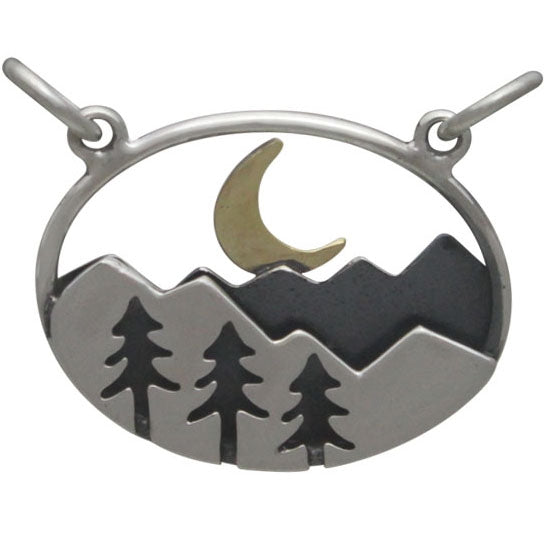 Sterling Silver Oval Mountain Pendant with Trees and Moon - Poppies Beads n' More