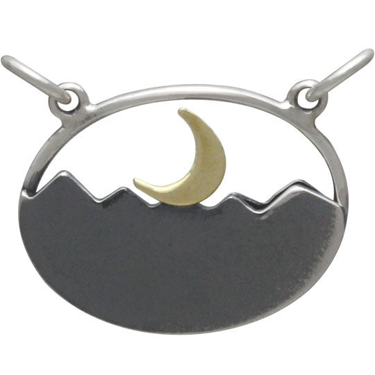 Sterling Silver Oval Mountain Pendant with Trees and Moon - Poppies Beads n' More