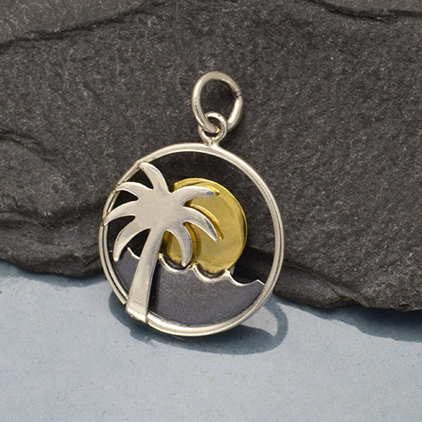 Sterling Silver Palm Tree and Ocean Charm with Bronze Sun - Poppies Beads n' More