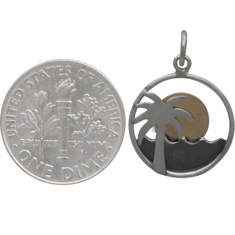 Sterling Silver Palm Tree and Ocean Charm with Bronze Sun - Poppies Beads n' More