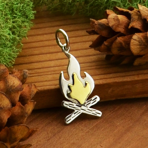 Sterling Silver Campfire Charm with Bronze Flames - Poppies Beads n' More