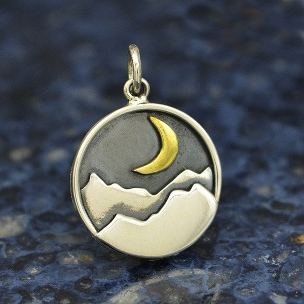 Sterling Silver Mountain Charm with Bronze Crescent - Poppies Beads n' More