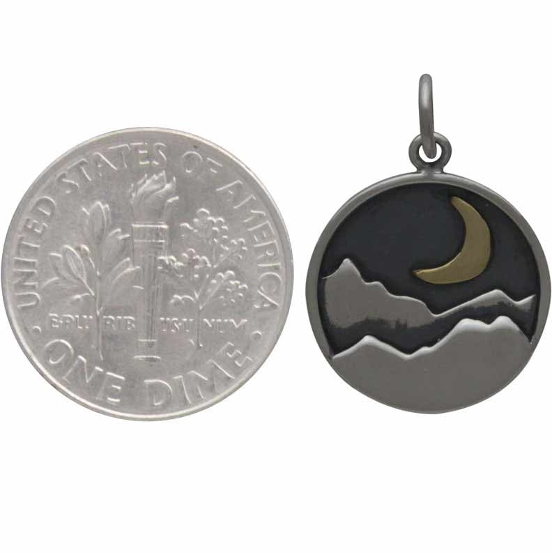 Sterling Silver Mountain Charm with Bronze Crescent - Poppies Beads n' More