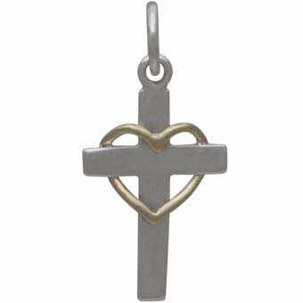 Sterling Silver Cross with Wire Bronze Heart - Faith Charm - Poppies Beads n' More