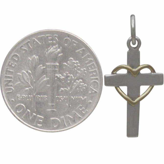 Sterling Silver Cross with Wire Bronze Heart - Faith Charm - Poppies Beads n' More