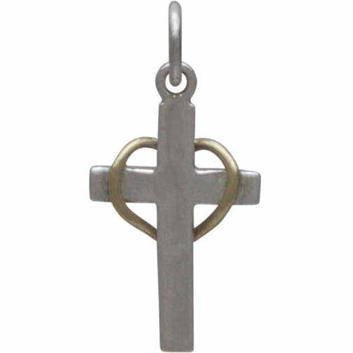 Sterling Silver Cross with Wire Bronze Heart - Faith Charm - Poppies Beads n' More