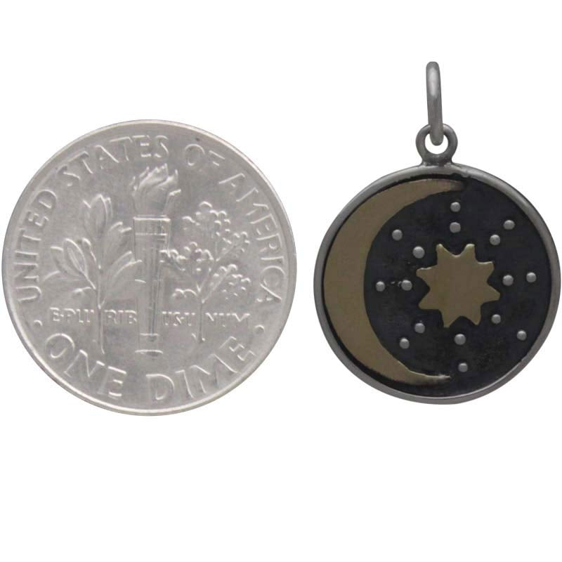 Sterling Silver Talisman Charm with Bronze Sun & Moon - Poppies Beads n' More