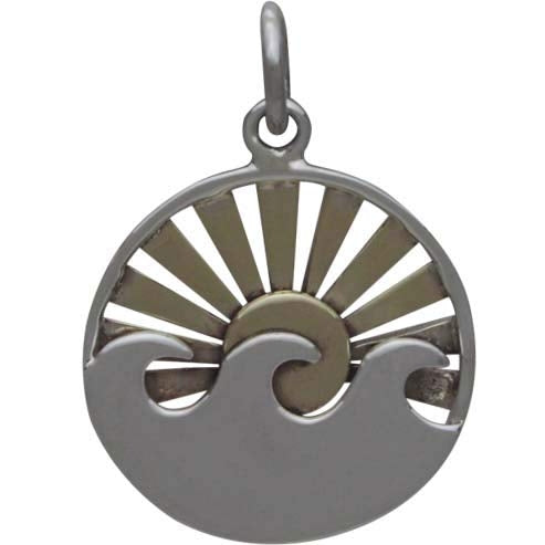 Sterling Silver Wave Charm with Bronze Setting Sun - Poppies Beads n' More