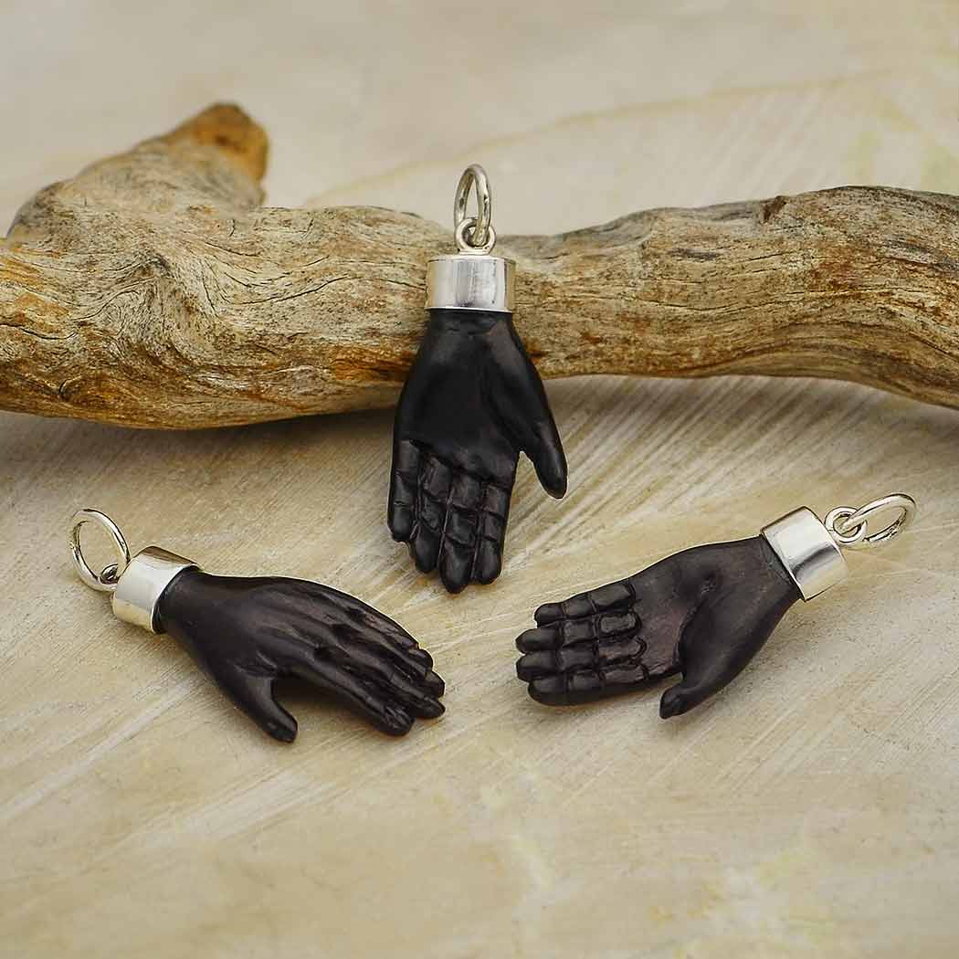 Carved Black Wood Hand Pendant with Silver Bail - Poppies Beads n' More