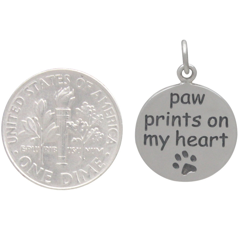 Sterling Silver Message Pendant: Paw Prints on my Heart - Poppies Beads n' More