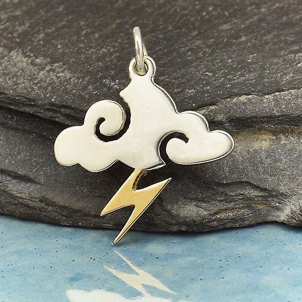 Sterling Silver Cloud Charm with Bronze Lightning Bolt - Poppies Beads n' More