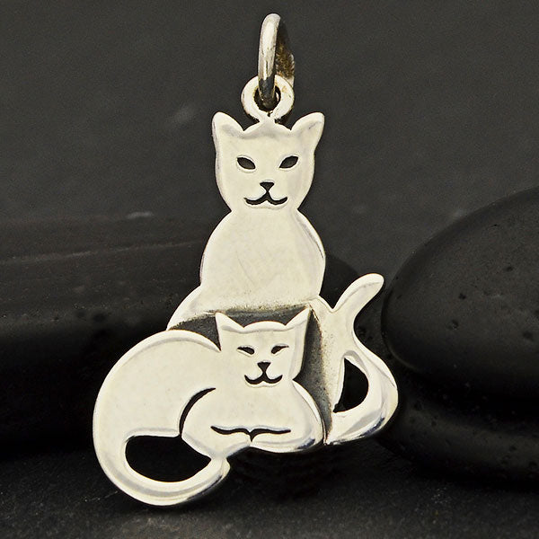 Sterling Silver Two Layer Mom and Baby Cat Charm - Poppies Beads n' More