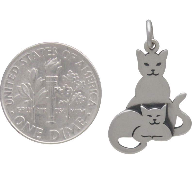 Sterling Silver Two Layer Mom and Baby Cat Charm - Poppies Beads n' More