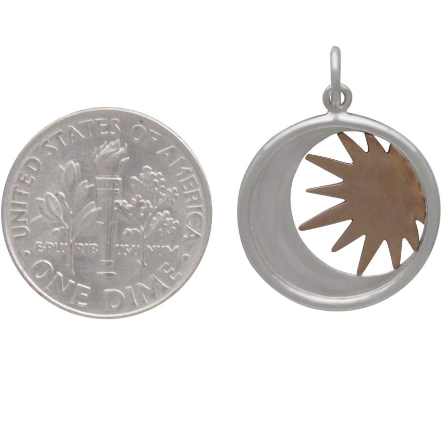 Sterling Silver Moon Charm in a Disk with Bronze Sun - Poppies Beads n' More