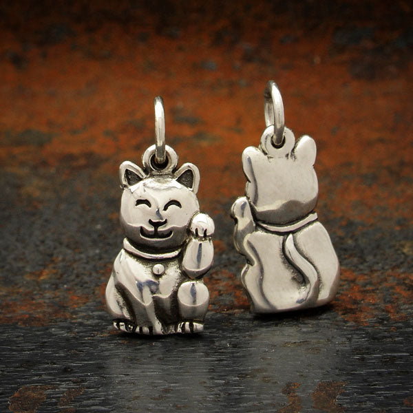 Sterling Silver Lucky Cat Charm -Maneki Neko Charm - Poppies Beads n' More