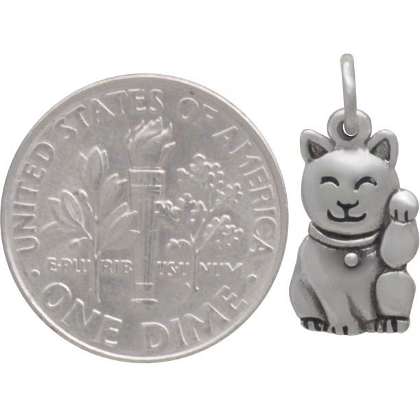 Sterling Silver Lucky Cat Charm -Maneki Neko Charm - Poppies Beads n' More