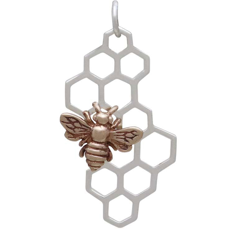 Sterling Silver Honeycomb Pendant with Bronze Bee - Poppies Beads n' More