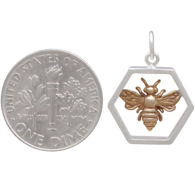 Sterling Silver Hexagon Charm with Bronze Bee - Poppies Beads n' More