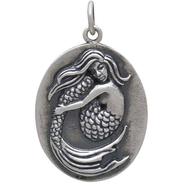 Sterling Silver Mermaid Pendant on Oval Medallion - Poppies Beads n' More