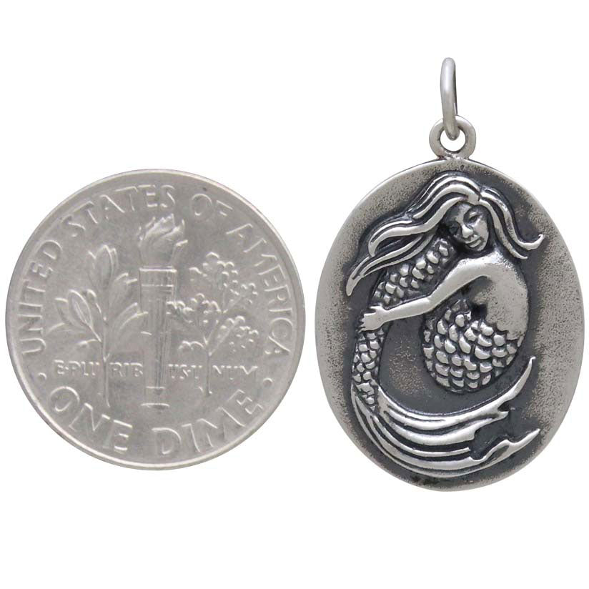 Sterling Silver Mermaid Pendant on Oval Medallion - Poppies Beads n' More