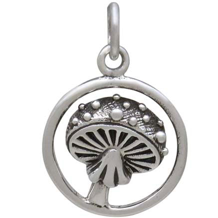 Sterling Silver Agaric Mushroom Charm in Circle - Poppies Beads n' More