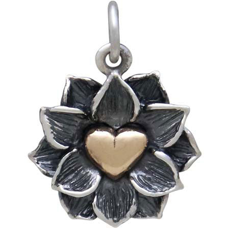 Sterling Silver Lotus Pendant with Bronze Heart - Poppies Beads n' More