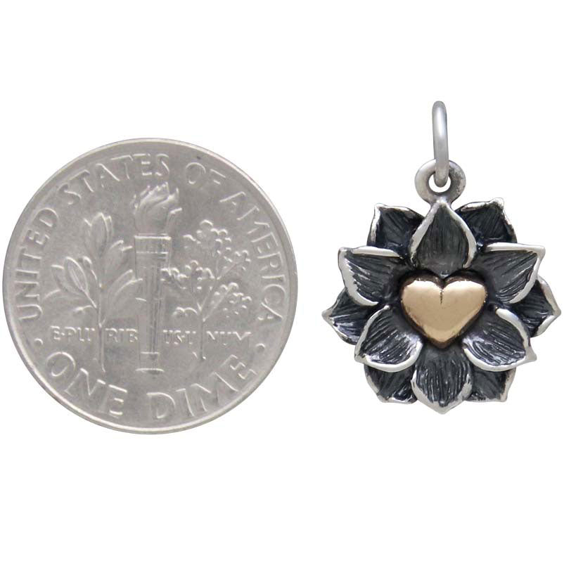 Sterling Silver Lotus Pendant with Bronze Heart - Poppies Beads n' More