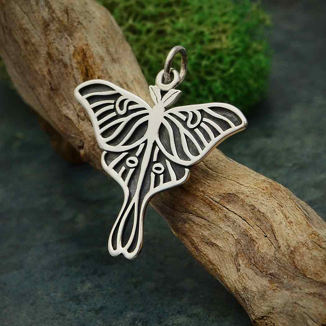 Sterling Silver Etched Luna Moth Charm - Poppies Beads n' More