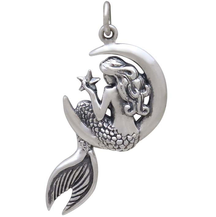 Sterling Silver Mermaid on the Moon Pendant - Poppies Beads n' More