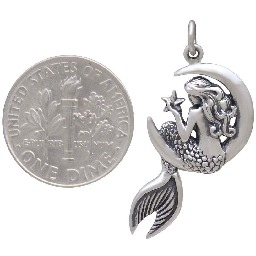 Sterling Silver Mermaid on the Moon Pendant - Poppies Beads n' More