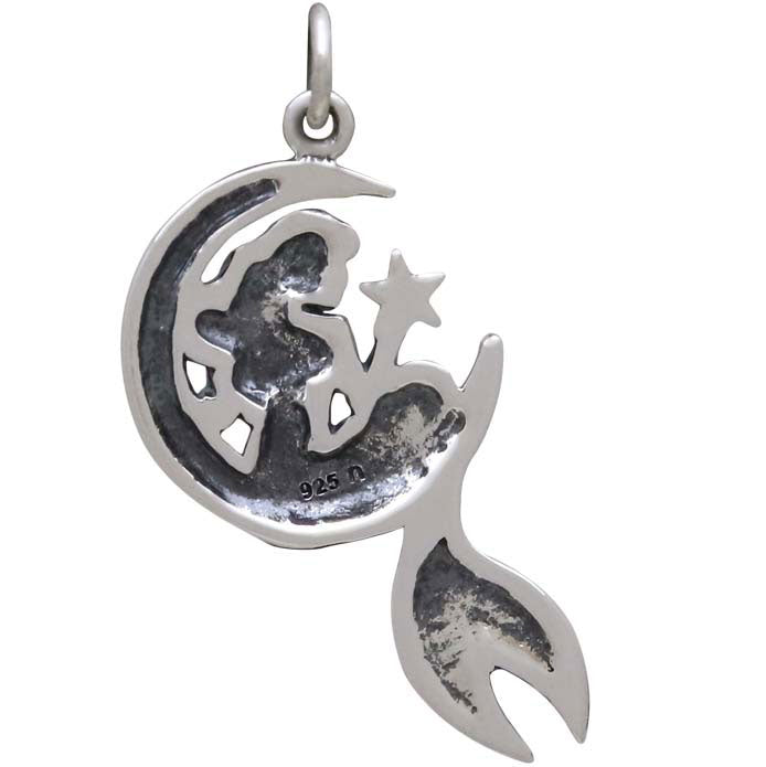 Sterling Silver Mermaid on the Moon Pendant - Poppies Beads n' More