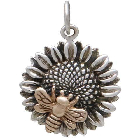 Sterling Silver Sunflower Charm with Bronze Bee - Poppies Beads n' More