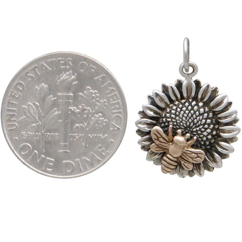 Sterling Silver Sunflower Charm with Bronze Bee - Poppies Beads n' More