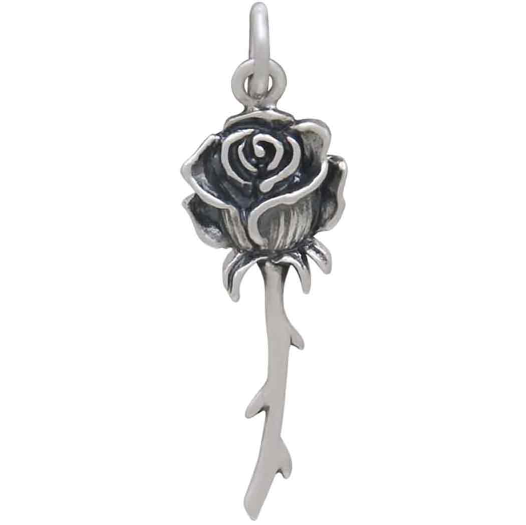 Sterling Silver Dimensional Stemmed Rose Charm - Poppies Beads n' More