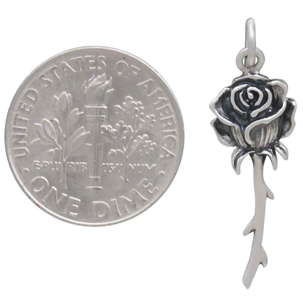 Sterling Silver Dimensional Stemmed Rose Charm - Poppies Beads n' More