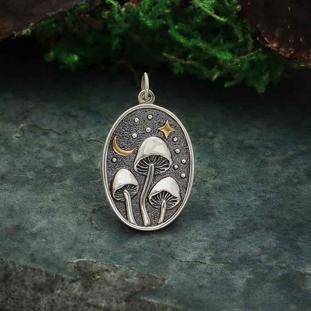 Silver Mushroom Pendant with Bronze Star and Moon - Poppies Beads n' More