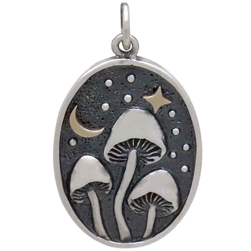 Silver Mushroom Pendant with Bronze Star and Moon - Poppies Beads n' More