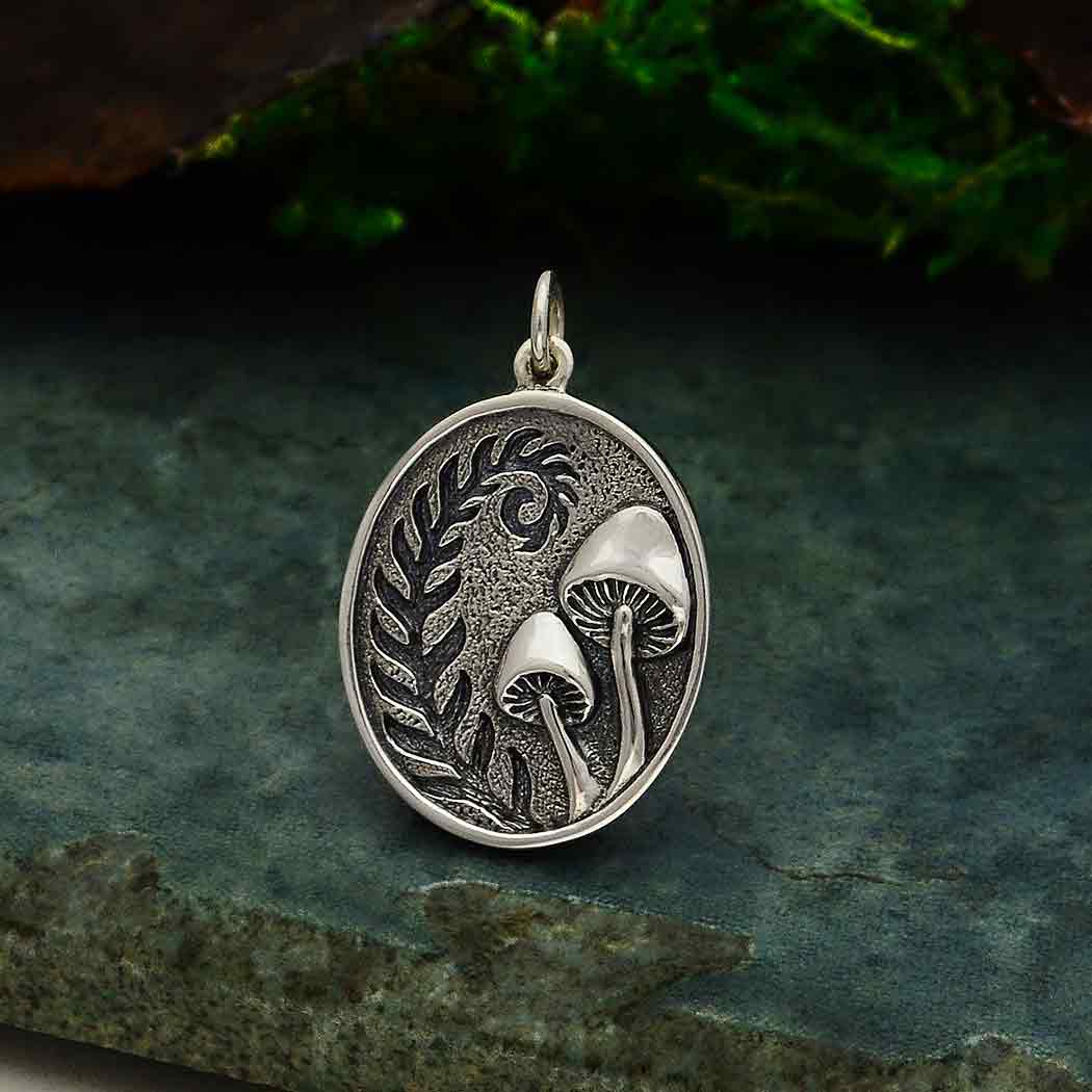 Sterling Silver Etched Fern and Mushroom Pendant - Poppies Beads n' More