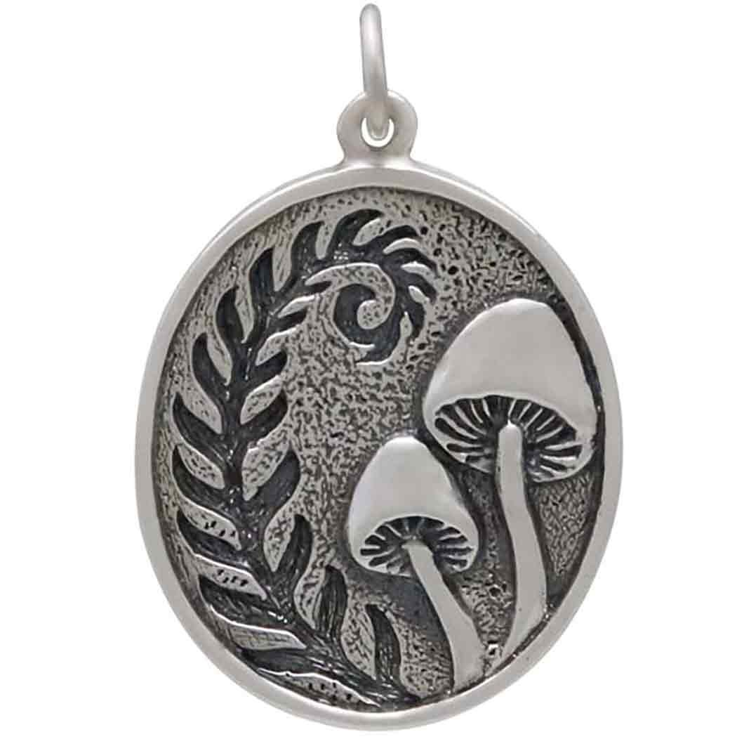 Sterling Silver Etched Fern and Mushroom Pendant - Poppies Beads n' More